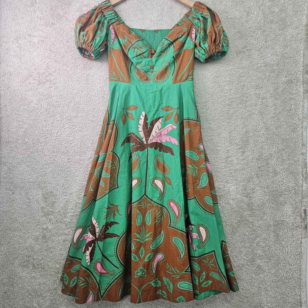 Maeve Anthropologie Dress Womens 2 Green Sweetheart Fit Flare Boho Tropical Midi - Picture 2 of 16